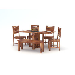 Angel's Solid Sheesham Wood Six Seater Dining Set with Folding Table and Bench (Six Seater, Honey Finish)