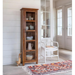 Sheesham Wood Baltimore Kitchen Cabinet Tall in Honey Finish | Bookcase With Glass Door 