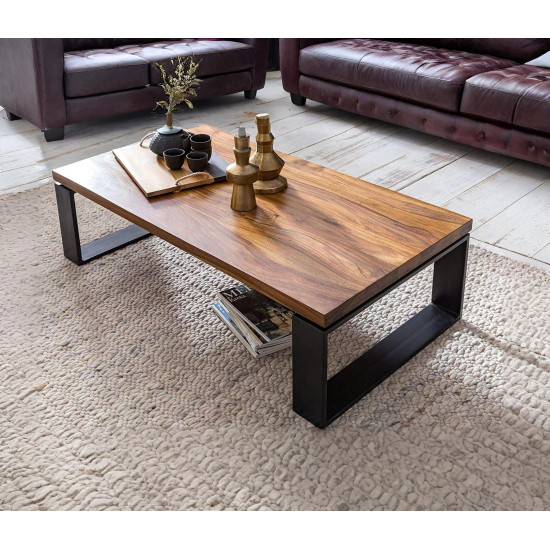 Angel Furniture Sheesham Wood Coffee Table with Metal Legs 115x60x35 cm (Honey Finish)