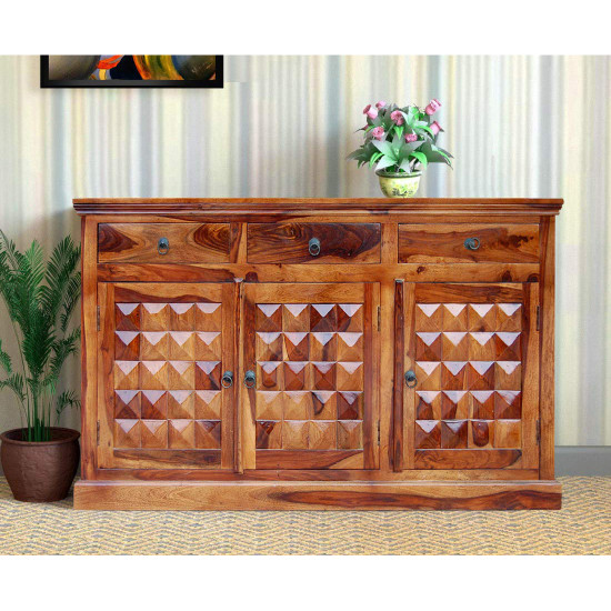 ANGEL FURNITURE Solid Sheesham Wood Diamond Design Sideboard 3 Door 3 Drawer (Honey Finish)