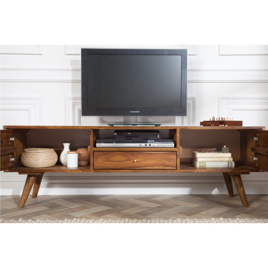 ANGEL FURNITURE Sheesham Wood Hexagoanl Brick Design Entertainment Unit | Tv Unit (Honey Finish)