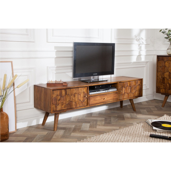 ANGEL FURNITURE Sheesham Wood Hexagoanl Brick Design Entertainment Unit | Tv Unit (Honey Finish)