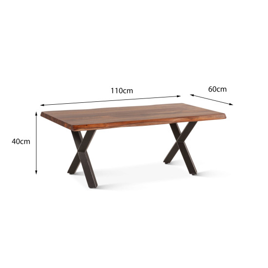 Sheesham Wood Coffee Table with Metal Base (Double Cross, Sheesham Wood)