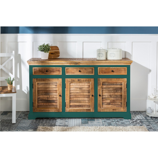 ANGEL FURNITURE Whitewave Solid Wood Sideboard with Three Drawer and Door Storage Unit 160x90x40 CM (Sideboard) Green