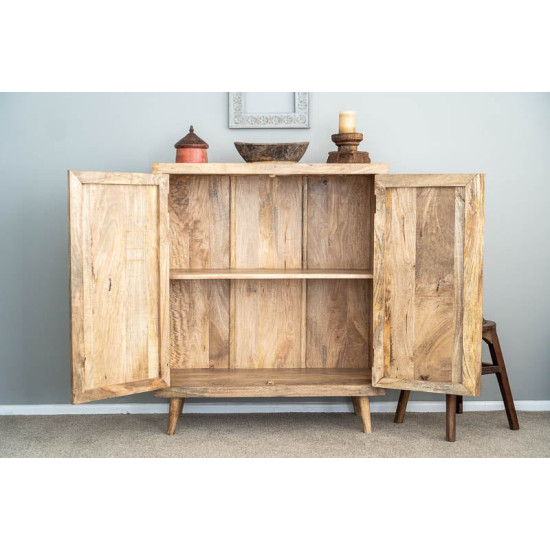 Angel Furniture Solid Mango Wood Sideboard with Carved Doors – Natural Finish (Small)