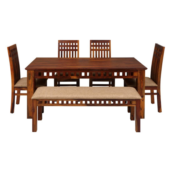 Angel Furniture Solid Sheesham Wood Dining Set with bench and four chairs honey finish