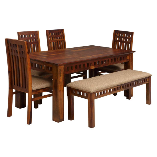 Angel Furniture Solid Sheesham Wood Dining Set with bench and four chairs honey finish