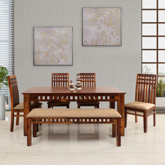 Angel Furniture Solid Sheesham Wood Dining Set with bench and four chairs honey finish