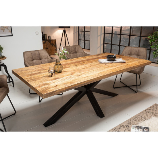 Angel Furniture Solid Mango Wood Long Dining Table with Metal Base – Rough Mango Finish (175x90x76CM)