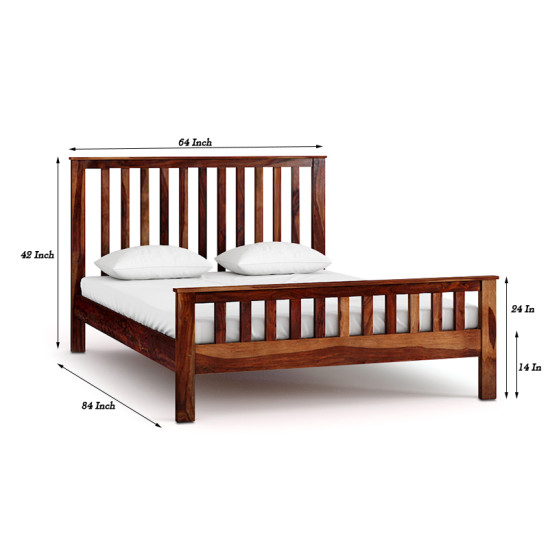 Sheesham Wood Queen Size Strip Design Non Storage Bed in Honey Finish