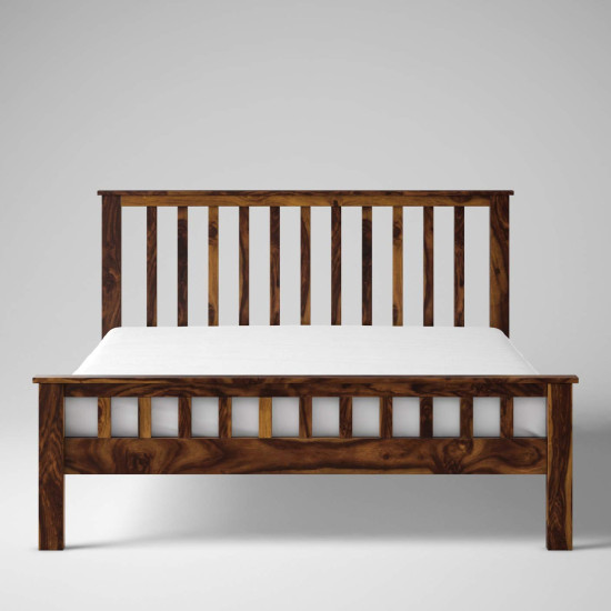 Sheesham Wood Queen Size Strip Design Non Storage Bed in Honey Finish